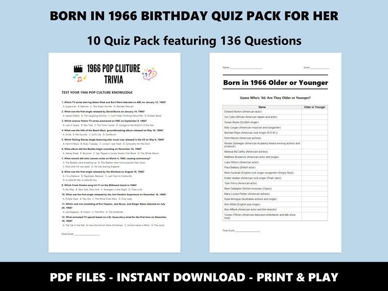 Paquete de preguntas de cumpleaños de 1966: Trivial del 60.º cumpleaños, 10 juegos (descarga instantánea en PDF) imagen 6
