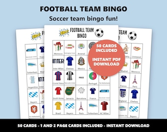 サッカーチームビンゴゲーム：50枚のユニークなカード（即時ダウンロード）