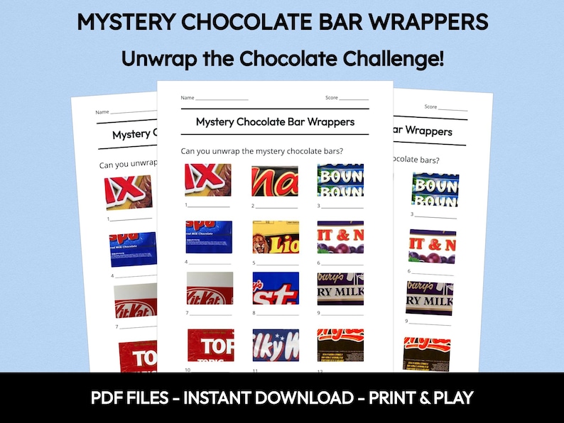 Mystery Chocolate Bar Wrappers Picture Quiz, Printable Trivia Game (Instant Download) image 1
