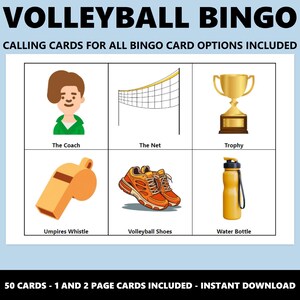 Pode incluir: Um cart&atilde;o de jogo de bingo de voleibol com ilustra&ccedil;&otilde;es de itens relacionados ao voleibol. O cart&atilde;o inclui imagens de um treinador, rede, trof&eacute;u, apito, sapatos e garrafa de &aacute;gua. O texto na parte superior diz "VOLLEYBALL BINGO".