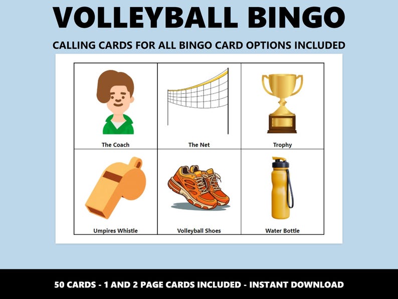 Pode incluir: Um cart&atilde;o de jogo de bingo de voleibol com ilustra&ccedil;&otilde;es de itens relacionados ao voleibol. O cart&atilde;o inclui imagens de um treinador, rede, trof&eacute;u, apito, sapatos e garrafa de &aacute;gua. O texto na parte superior diz "VOLLEYBALL BINGO".