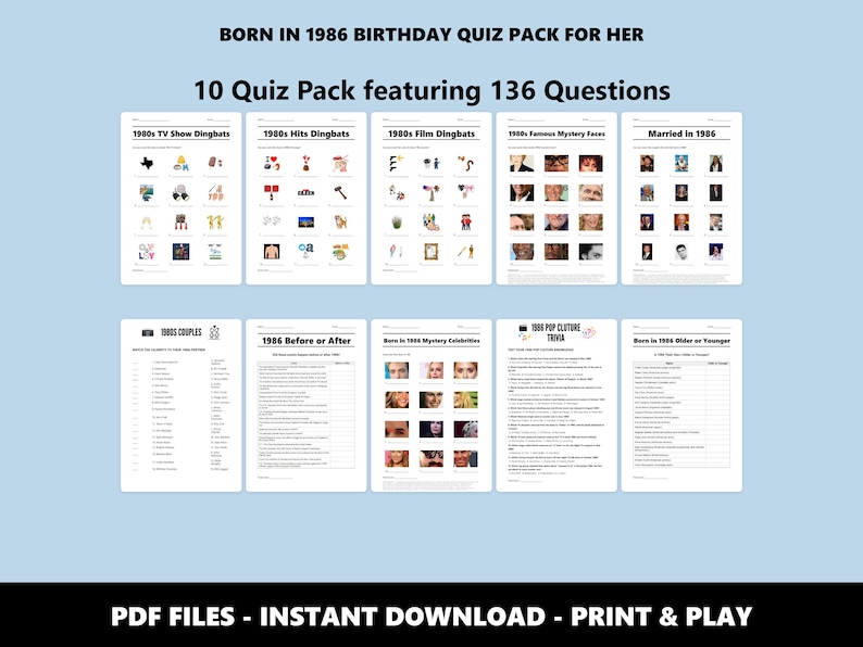 1986 Birthday Trivia Quiz Pack: 40th Birthday, 80s Theme (Instant PDF Download) image 1