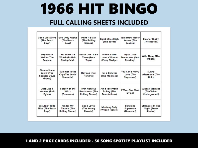 1966 Hit Bingo: 60er Jahre Musik Bingo Spiel (Instant Download) Bild 3
