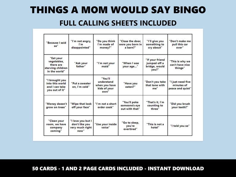 Things a Mom Would Say Bingo: Classic Mum Phrases Bingo Game (Instant Download) image 3