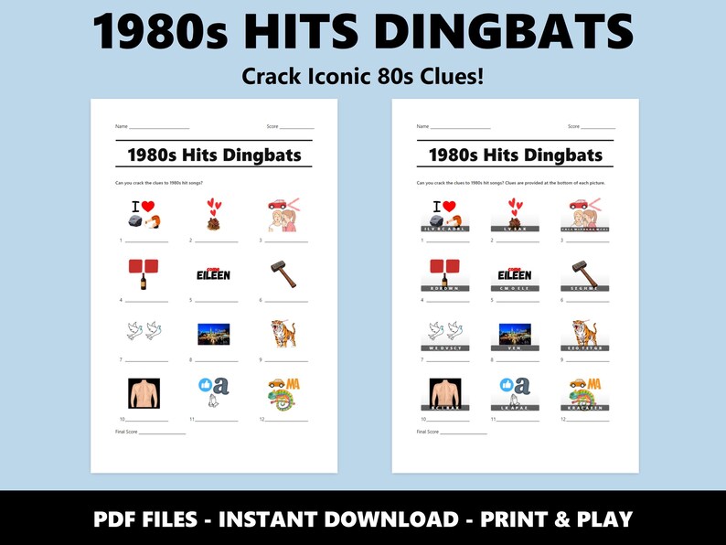 1980s Hits Dingbats Picture Quiz: Fun Printable 80s Music Game for Parties (Instant PDF Download) image 2