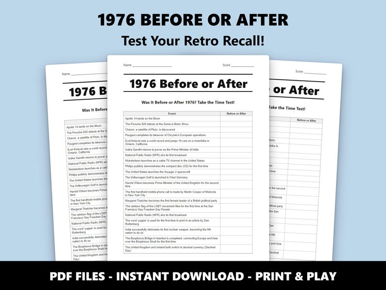 Trivia-quiz voor of na 1976: leuk 50e gezelschapsspel (directe pdf-download) afbeelding 1