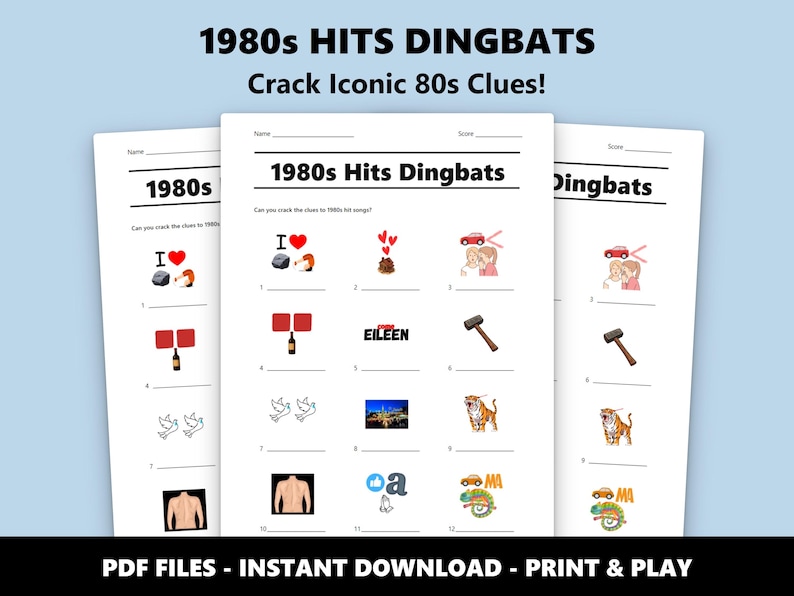 1980s Hits Dingbats Picture Quiz: Fun Printable 80s Music Game for Parties (Instant PDF Download) image 1