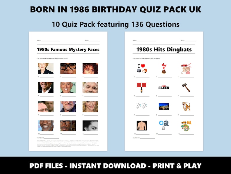 40th Birthday UK Quiz Pack: Born in 1986 Trivia Bundle (Instant PDF Download) image 2