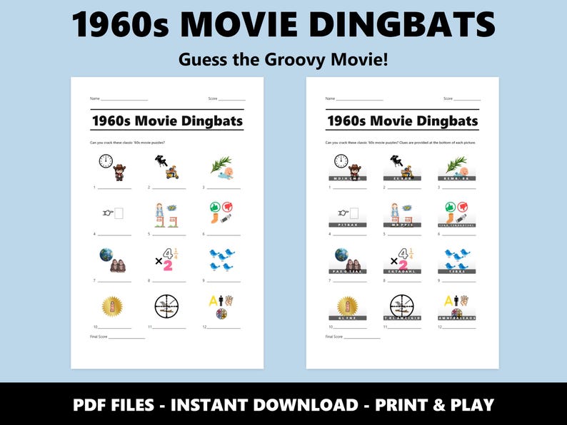 1960s Movie Dingbats Picture Quiz: Fun Printable Trivia Game for