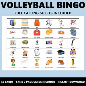 Pode incluir: Folha de jogo de bingo de voleibol com ilustra&ccedil;&otilde;es de itens e a&ccedil;&otilde;es relacionadas ao voleibol. Inclui uma bola de voleibol, um kit de primeiros socorros, joelheiras e outros equipamentos desportivos. O texto no topo diz "VOLLEYBALL BINGO" e "FULL CALLING SHEETS INCLUDED".