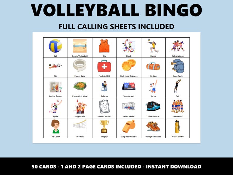 Pode incluir: Folha de jogo de bingo de voleibol com ilustra&ccedil;&otilde;es de itens e a&ccedil;&otilde;es relacionadas ao voleibol. Inclui uma bola de voleibol, um kit de primeiros socorros, joelheiras e outros equipamentos desportivos. O texto no topo diz "VOLLEYBALL BINGO" e "FULL CALLING SHEETS INCLUDED".
