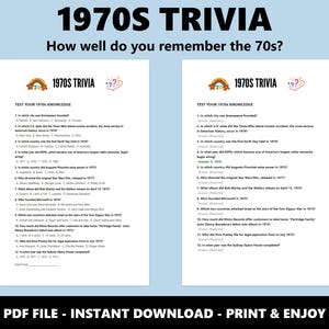 1970s Trivia Quiz: Multiple Choice 70s Decade History Quiz (Instant Download) image 2
