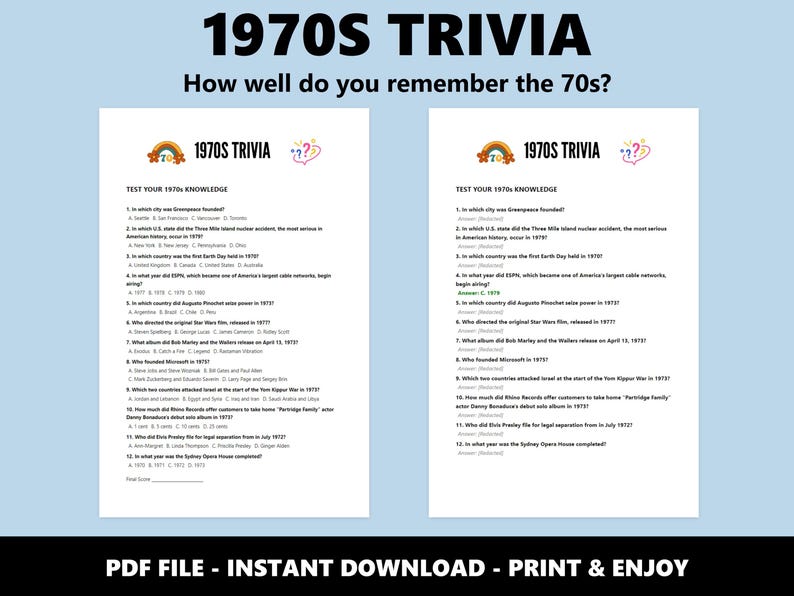 1970s Trivia Quiz: Multiple Choice 70s Decade History Quiz (Instant Download) image 2