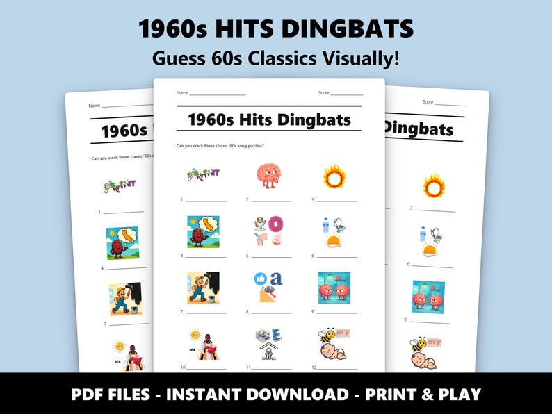 Quiz de imagens com sucessos dos anos 60: Jogo divertido de perguntas e respostas sobre música para festas e eventos (Download instantâneo em PDF) imagem 1
