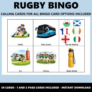 Op de afbeelding: Een Rugby Bingo-spel met illustraties van rugby-acties en -uitrusting. Het spel bevat belkaarten en toont afbeeldingen van een tackle, teamcoach, de Six Nations-vlaggen, een try, overwinning en een waterfles. De tekst luidt "RUGBY BINGO".