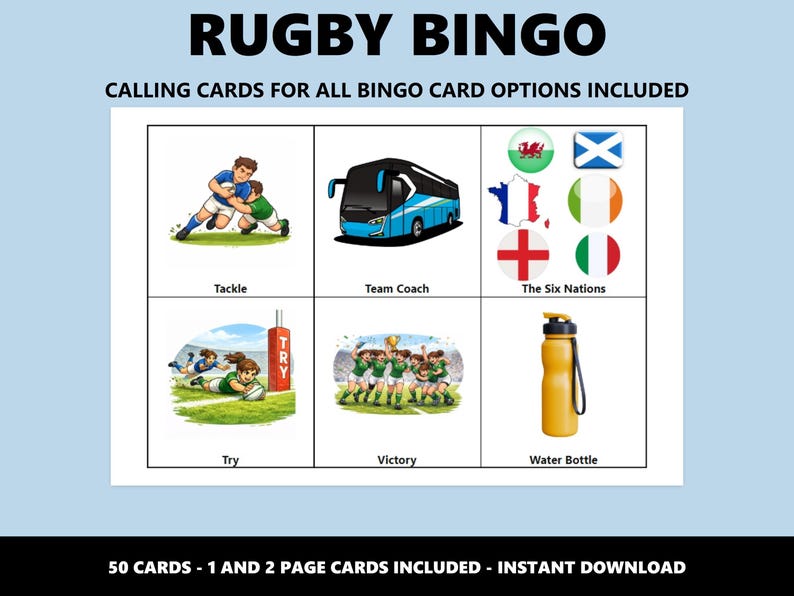 Op de afbeelding: Een Rugby Bingo-spel met illustraties van rugby-acties en -uitrusting. Het spel bevat belkaarten en toont afbeeldingen van een tackle, teamcoach, de Six Nations-vlaggen, een try, overwinning en een waterfles. De tekst luidt "RUGBY BINGO".