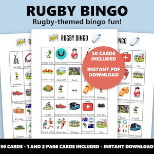 Op de afbeelding: Drie witte bingokaarten met een blauwe achtergrond. De kaarten bevatten de tekst "RUGBY BINGO" en illustraties van rugby-gerelateerde items. De kaarten bevatten de tekst "50 KAARTEN INBEGREPEN - DIRECTE PDF DOWNLOAD".