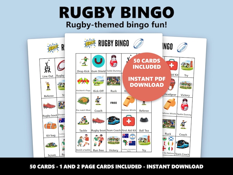 Op de afbeelding: Drie witte bingokaarten met een blauwe achtergrond. De kaarten bevatten de tekst "RUGBY BINGO" en illustraties van rugby-gerelateerde items. De kaarten bevatten de tekst "50 KAARTEN INBEGREPEN - DIRECTE PDF DOWNLOAD".