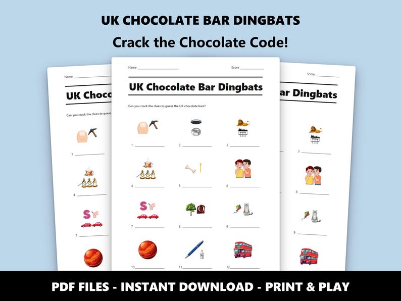 Cuestionario de símbolos de barras de chocolate del Reino Unido: Juego familiar imprimible (descarga instantánea en PDF) imagen 1