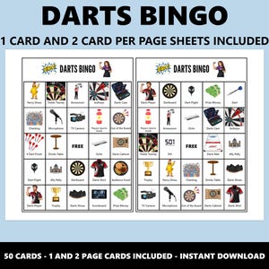 May include: A printable "Darts Bingo" game sheet with a light blue background. The game board includes various darts-related images and text, such as "Dartboard," "Dart Player," and "Bullseye." The text "DARTS BINGO" is at the top.