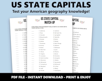 US State Capitals Match Up Quiz: Educational Geography Game (Instant Download)