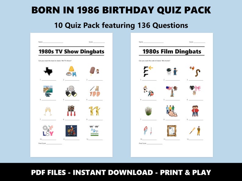40th Birthday Quiz Pack: Born in 1986 Trivia Bundle (Instant PDF Download) image 3