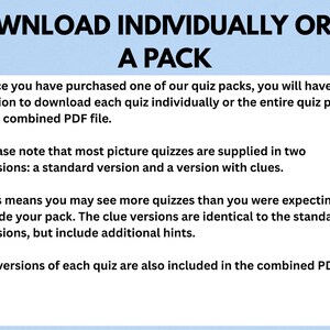 May include: Text on a light blue background reads "DOWNLOAD INDIVIDUALLY OR AS A PACK." Additional text explains quiz download options: individual or combined PDF. Quizzes come in standard and clue versions with hints.