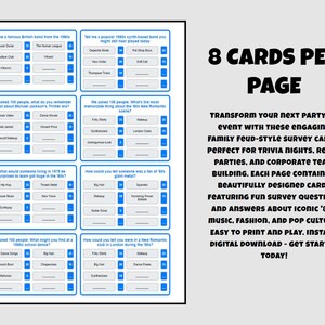 May include: A printable 8-card page of 80s trivia questions and answers. The cards are blue and white with a fun retro design. The text on the cards includes questions like "What would someone living in 1979 be surprised to learn got huge in the 80s?" and "How could you tell someone was a fan of 80s glam metal?"