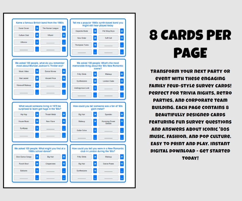 May include: A printable 8-card page of 80s trivia questions and answers. The cards are blue and white with a fun retro design. The text on the cards includes questions like "What would someone living in 1979 be surprised to learn got huge in the 80s?" and "How could you tell someone was a fan of 80s glam metal?"
