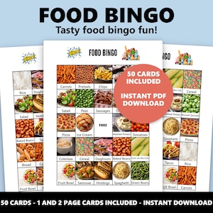 Pode incluir: Jogo de Bingo de comida com imagens coloridas de alimentos, incluindo cenouras, pizza e espaguete. O texto "FOOD BINGO" e "Tasty food bingo fun!" s&atilde;o exibidos no topo. O jogo inclui 50 cartas e &eacute; um download instant&acirc;neo em PDF.