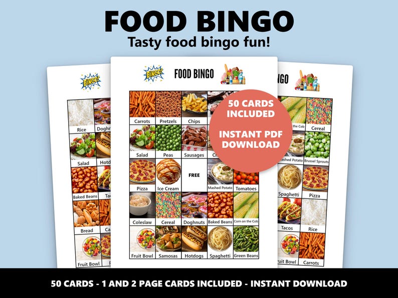 Pode incluir: Jogo de Bingo de comida com imagens coloridas de alimentos, incluindo cenouras, pizza e espaguete. O texto "FOOD BINGO" e "Tasty food bingo fun!" s&atilde;o exibidos no topo. O jogo inclui 50 cartas e &eacute; um download instant&acirc;neo em PDF.