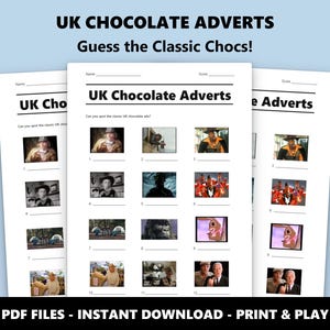 Test de imágenes de anuncios de chocolate del Reino Unido: Divertido juego de trivia imprimible (Descarga instantánea en PDF) imagen 1