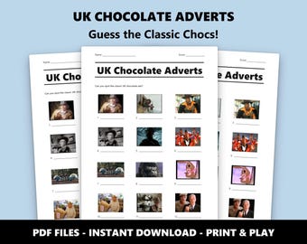 Quiz en images sur les publicités sur le chocolat au Royaume-Uni : jeu-questionnaire amusant à imprimer (téléchargement PDF instantané)