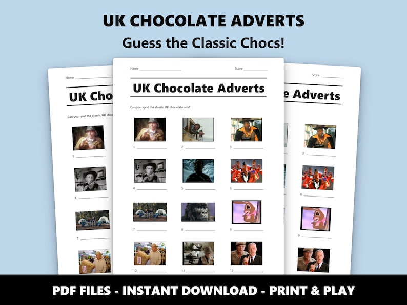 Test de imágenes de anuncios de chocolate del Reino Unido: Divertido juego de trivia imprimible (Descarga instantánea en PDF) imagen 1