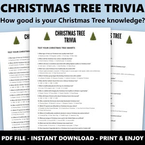 Puede incluir: Tres hojas de papel blancas con preguntas de trivia navideñas. El título "CHRISTMAS TREE TRIVIA" está en la parte superior, con la pregunta "How good is your Christmas Tree knowledge?" La parte inferior de la imagen dice "PDF FILE - INSTANT DOWNLOAD - PRINT & ENJOY".