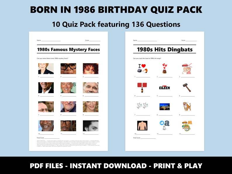 40th Birthday Quiz Pack: Born in 1986 Trivia Bundle (Instant PDF Download) image 2