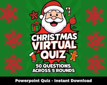 May include: A Christmas Virtual Quiz graphic with Santa Claus, snowflakes, and festive icons. The text reads "Christmas Virtual Quiz" and "50 Questions Across 5 Rounds". The background is green.