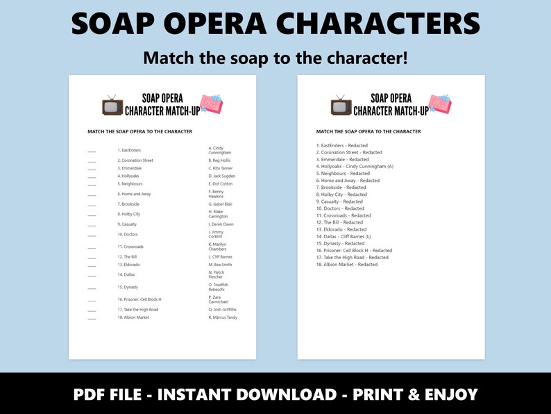 Soap Opera Characters Match Up Quiz: TV Drama Trivia Game (Instant Download) image 2