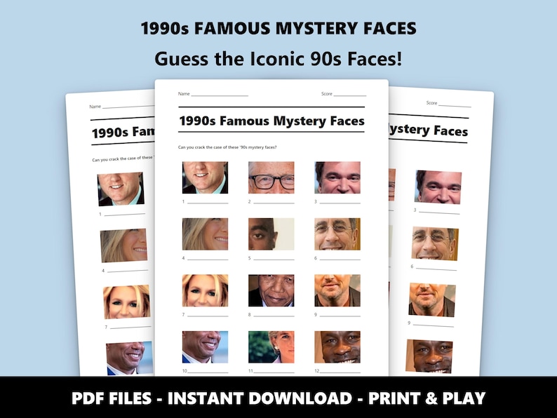 1990er Jahre Mystery Faces Bilder Quiz: Lustiges Quiz-Spiel für Parties und Events (Instant PDF Download) Bild 1