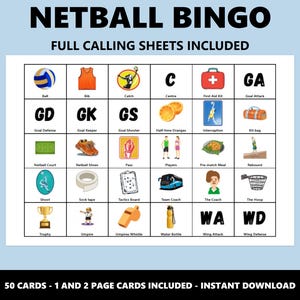 K&ouml;nnte beinhalten: Eine Netball-Bingo-Karte mit verschiedenen Illustrationen und Begriffen rund um Netball. Die Karte enth&auml;lt Bilder von einem Ball, Leibchen und einem Erste-Hilfe-Kasten sowie Text wie "Goal Defense" und "Wing Attack". Der Text "NETBALL BINGO" steht oben.