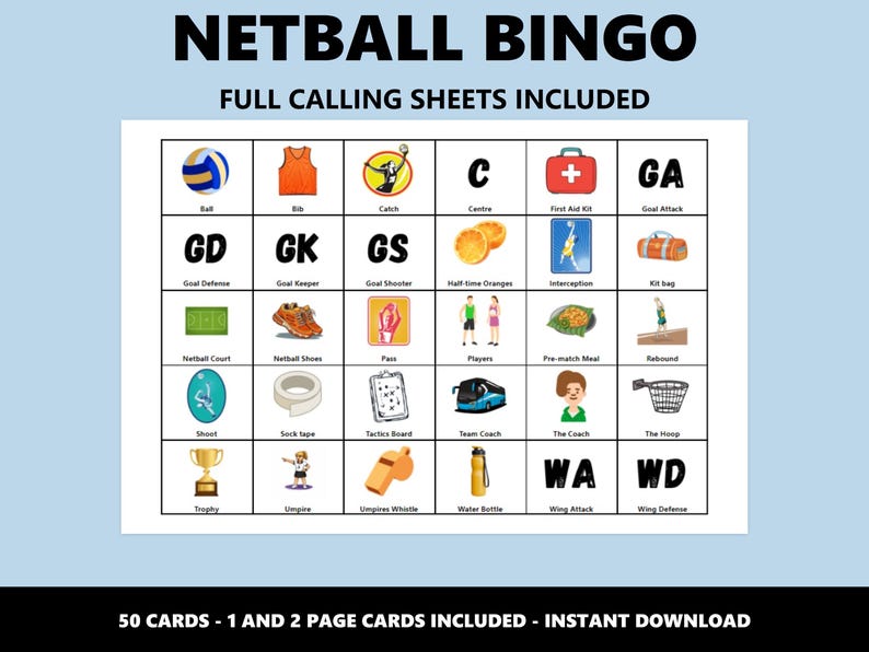 K&ouml;nnte beinhalten: Eine Netball-Bingo-Karte mit verschiedenen Illustrationen und Begriffen rund um Netball. Die Karte enth&auml;lt Bilder von einem Ball, Leibchen und einem Erste-Hilfe-Kasten sowie Text wie "Goal Defense" und "Wing Attack". Der Text "NETBALL BINGO" steht oben.