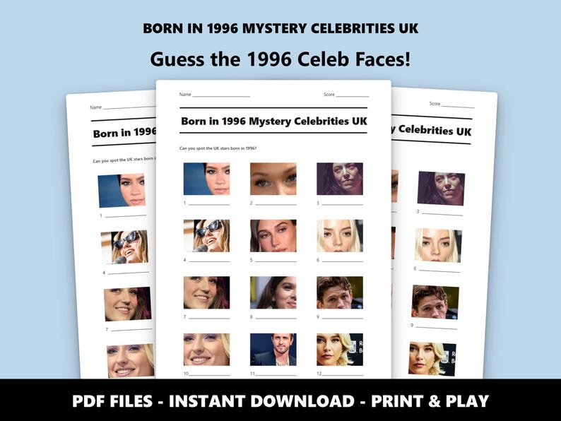 Jahrgang 1996 Mystery Stars UK Bild Quiz: Geburtstagsquiz zum 30. Geburtstag für Partys oder Familienspaß (Instant PDF Download) Bild 1