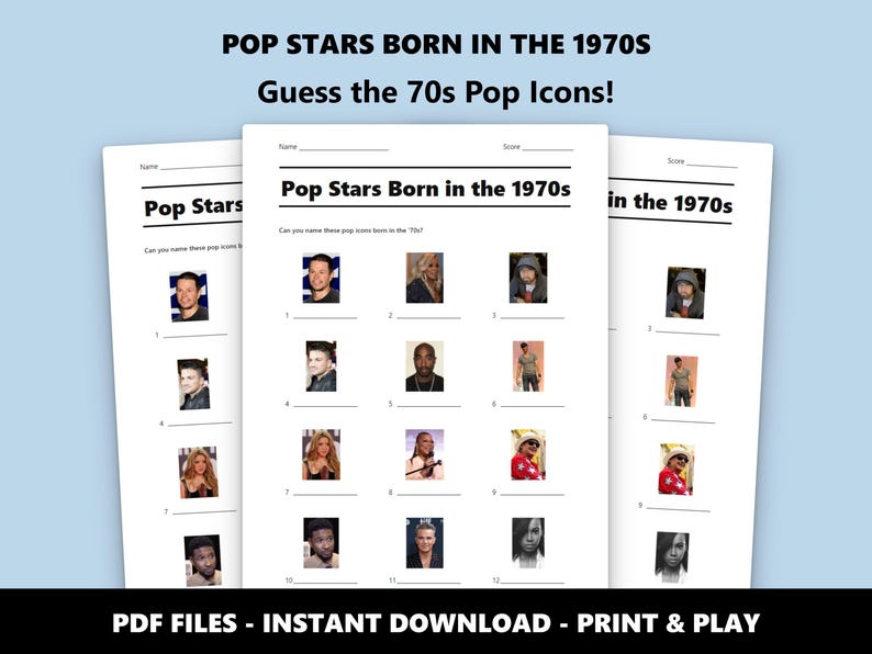 70s Pop Stars Picture Quiz: Music Trivia Game (Instant PDF Download) image 1