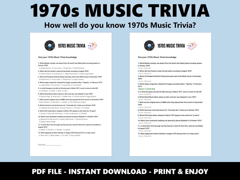 1970s Music Trivia: Multiple Choice Quiz Game (Instant Download) image 2