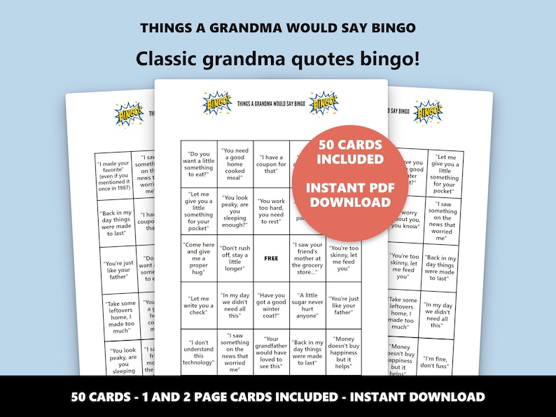 Things a Grandma Would Say Bingo: Classic Gran Phrases Bingo Game (Instant Download) image 1