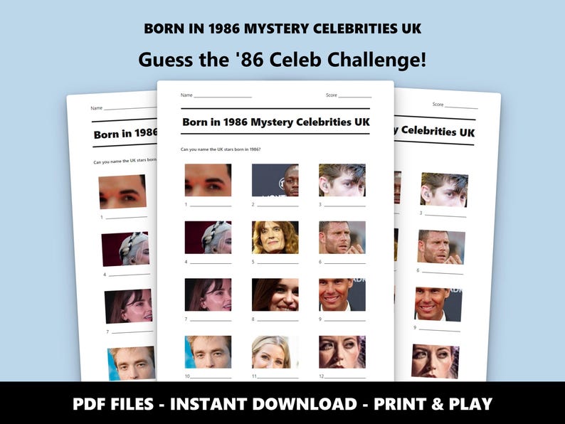 1986 UK Celebrity Picture Quiz: 40e verjaardag feestspel (directe pdf-download) afbeelding 1