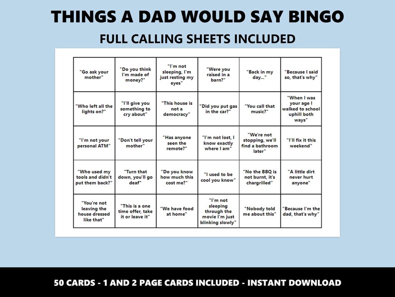 Dad Sayings Bingo: Classic Phrases Game (Instant Download) image 3