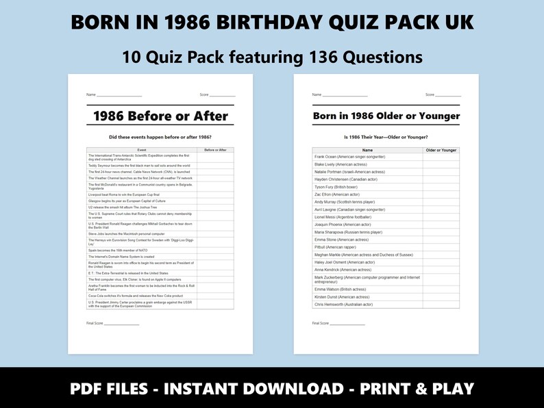 40th Birthday UK Quiz Pack: Born in 1986 Trivia Bundle (Instant PDF Download) image 6