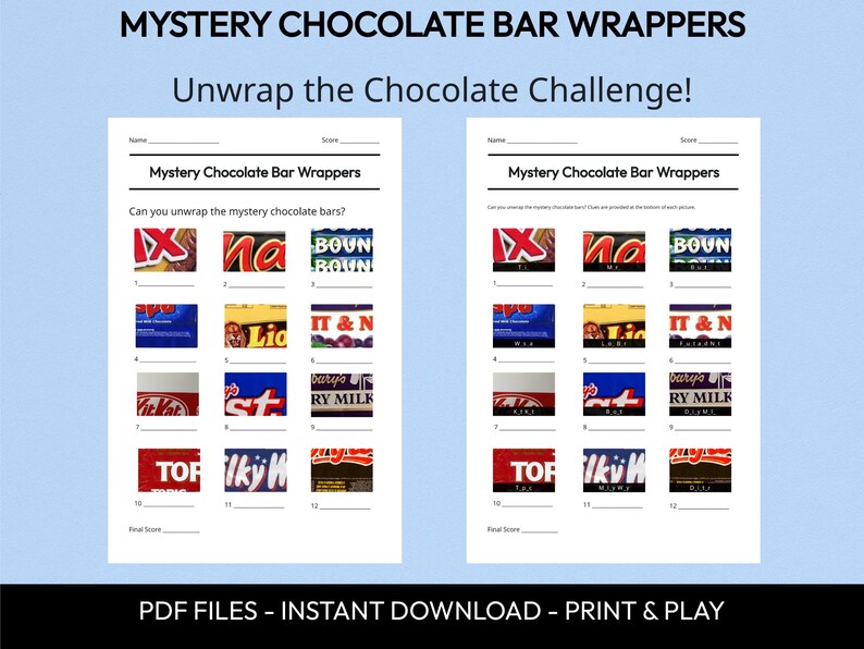 Mystery Chocolate Bar Wrappers Picture Quiz, Printable Trivia Game (Instant Download) image 2