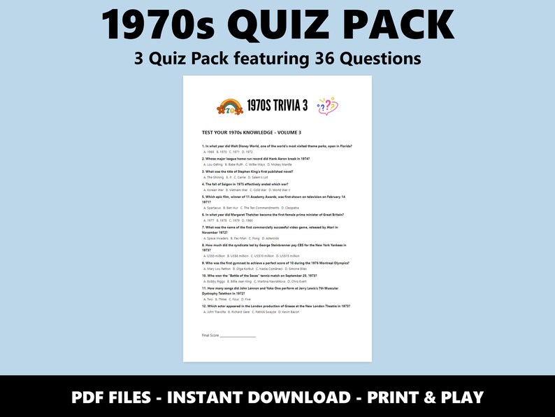 Ensemble de quiz des années 1970 Quiz : questions sur les soirées anecdotes pour les fêtes et les événements (téléchargement PDF instantané) image 3